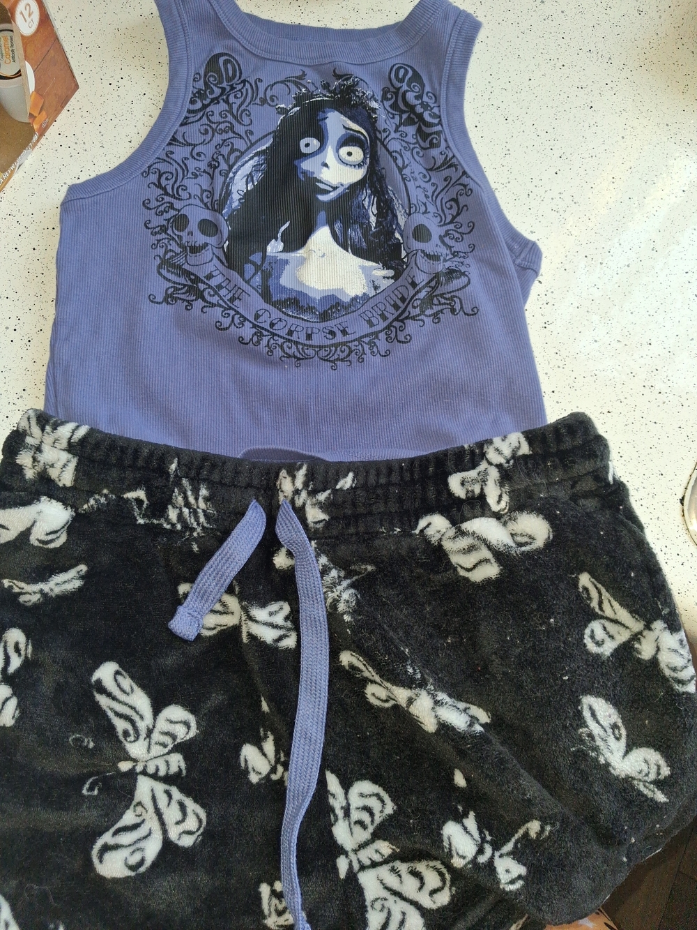 Womens Purple Corpse Bride Tank and Black Butterfly Fleece Shorts Pajama Set